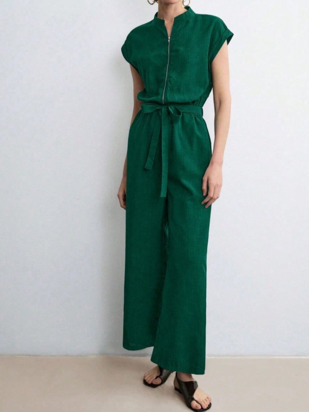 Emerald Green Zip Front Jumpsuit with Tie Waist